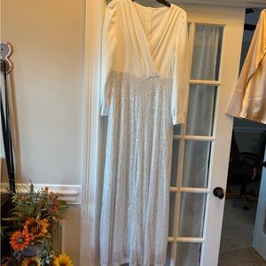 Chic Long Sleeve White and Silver Gown